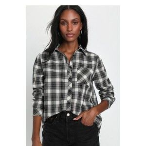 NWT Lulus Black White Plaid Long Sleeve Button Up Top Shirt Medium